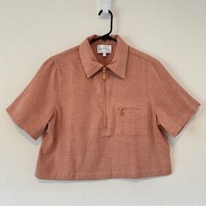 Lucy Folk Dusty Rose Pink Textured Short Sleeve Cropped Quarter Zip Top Small